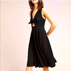 Anthropologie Hutch Ribbed Fit and Flare Black Front Bow Midi Dress with Pockets